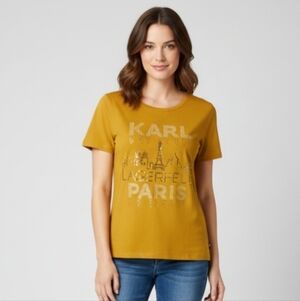 Karl Lagerfield Paris Gold Graphic Print T-Shirt Size Medium